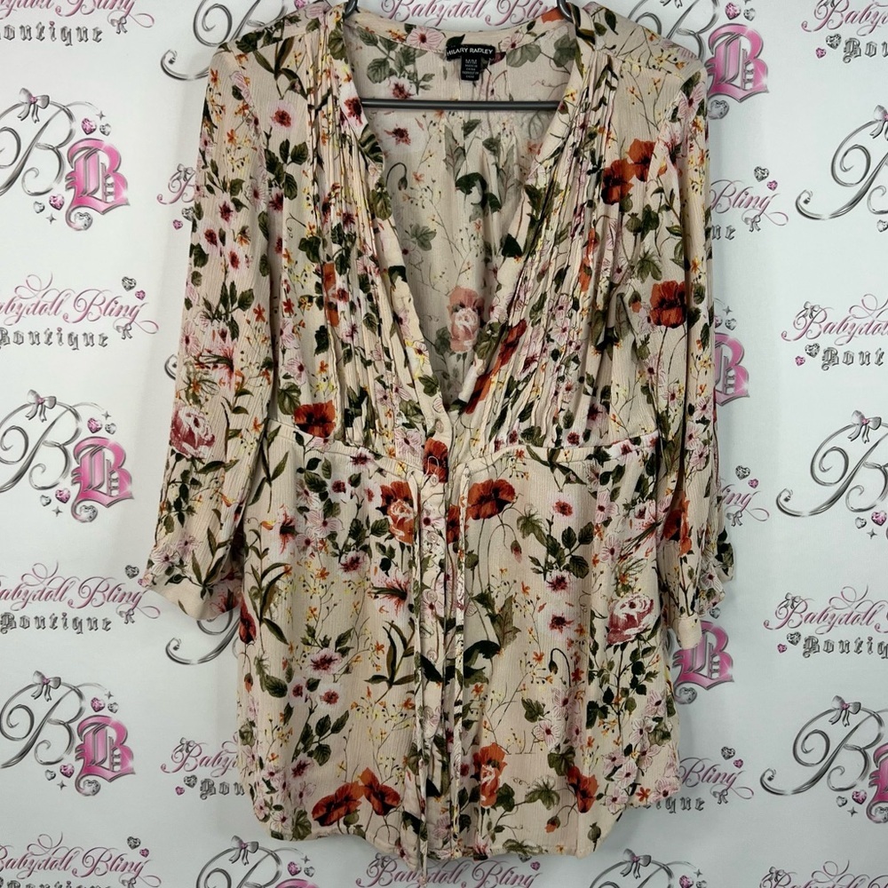 Hilary Radley dress tie up waist flowers Floral Cream Blouse top long sleeve